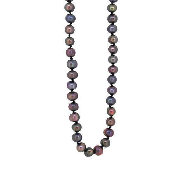 A modern, single row of black stained cultured pearls on a silver snap