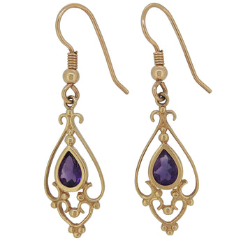A pair of modern, 9ct yellow gold, amethyst set drop earrings