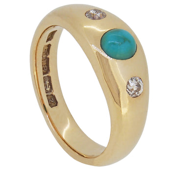 An early 20th century, 18ct yellow gold, turquoise & diamond gypsy set, three stone ring.