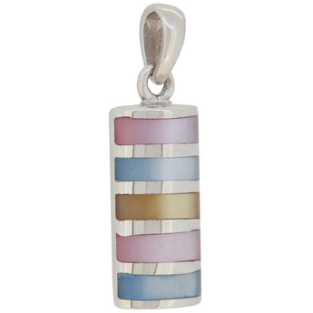 A modern, silver, pink, blue & yellow mother of pearl set pendant.
