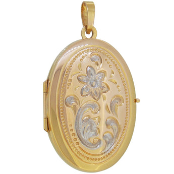 A modern, 9ct yellow gold, oval locket with a floral design