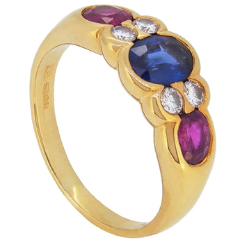 A modern, 18ct yellow gold, sapphire, ruby & diamond set seven stone ring.