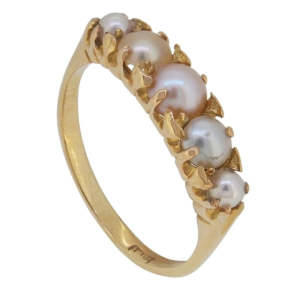 A Victorian, 18ct yellow gold, pearl set, five stone ring