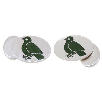 A pair of mid-20th century, white metal, enamel set, oval, chain link cufflinks with an image of a bird on each.