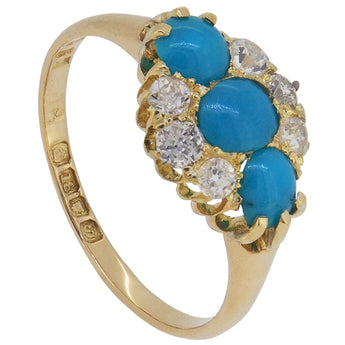 An Edwardian, 18ct yellow gold, turquoise & diamond set nine stone ring.
