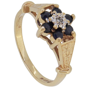 A modern, 9ct yellow gold, sapphire & diamond set, seven stone cluster ring.