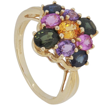 A modern, 9ct yellow gold, sapphire & tourmaline set cluster ring