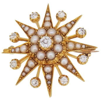A Victorian, yellow gold, seed pearl & diamond set star brooch.