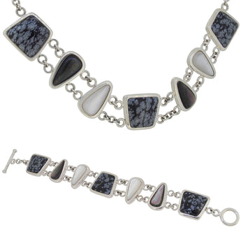 A modern, silver, mother of pearl & black & grey agate set bracelet & necklace.