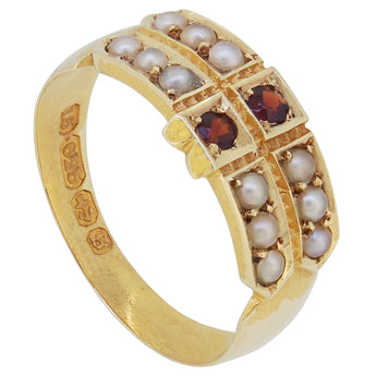 A Victorian, 15ct yellow gold, garnet & pearl set, fourteen stone, two row ring.
