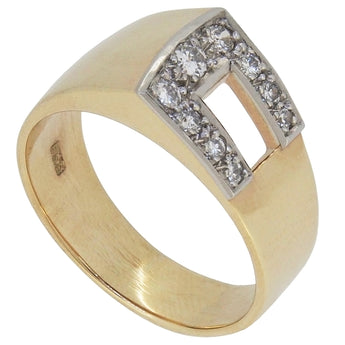 A modern, 18ct yellow gold, diamond set, open buckle band ring.