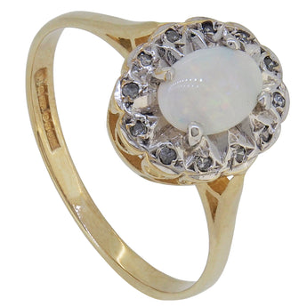 A modern, 9ct yellow gold, opal & diamond set oval cluster ring.