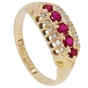 An Edwardian, 18ct yellow gold, ruby & diamond set, three row ring.