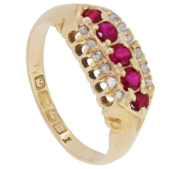 An Edwardian, 18ct yellow gold, ruby & diamond set, three row ring.
