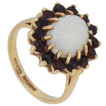A modern, 9ct yellow gold, opal & garnet set cluster ring.
