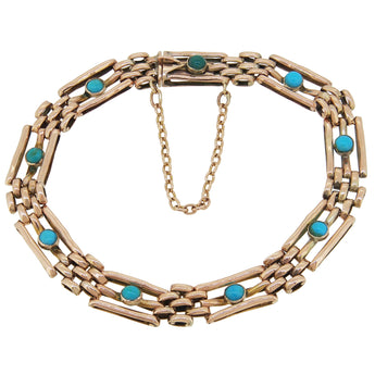 An Edwardian, 9ct yellow gold, turquoise set gate link bracelet.