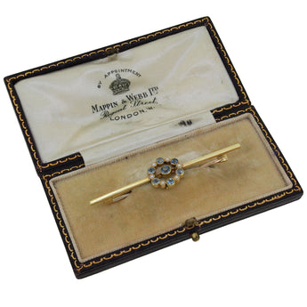 An early 20th century, 15ct yellow gold, aquamarine & pearl set bar brooch & fitted case.