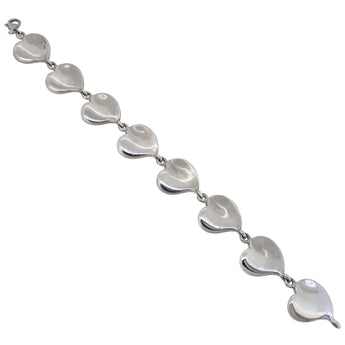 A modern, silver, heart link bracelet.
