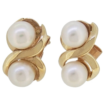 A pair of modern, 9ct yellow gold, pearl set, figure of eight stud earrings.