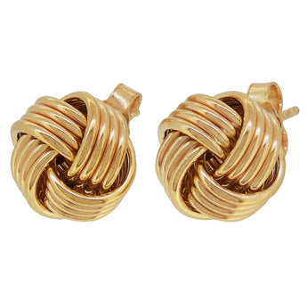 A pair of modern, 9ct yellow gold, woolmark style knot stud earrings.