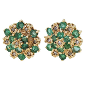 A pair of modern, 9ct yellow gold, emerald & diamond set cluster stud earrings.