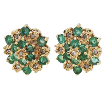 A pair of modern, 9ct yellow gold, emerald & diamond set cluster stud earrings.