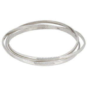 Three modern, silver, intertwined, D shaped bangles.