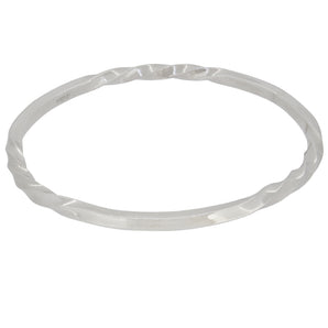 A modern, silver, square section bangle with three twist decorations.