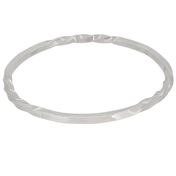 A modern, silver, partial twist bangle.