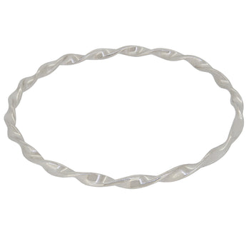 A modern, silver, twist bangle.
