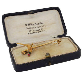 A Victorian, 15ct yellow gold, enamel set pheasant stick pin & fitted case.