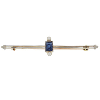 An early 20th century, platinum, sapphire & pearl set bar brooch with a 15ct yellow gold pin