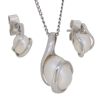 A pair of modern, 9ct white gold, pearl set stud earrings & pearl set pendant & chain.