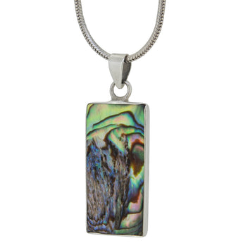 A modern, silver, abalone set pendant & snake chain.
