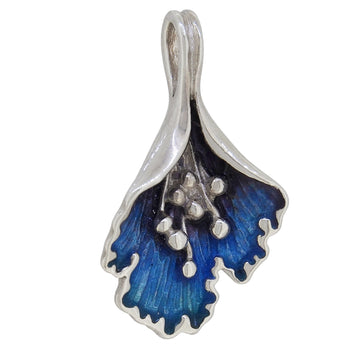 A modern, silver, blue enamel set floral pendant.