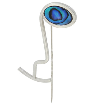 A modern, silver, abalone set tie pin.