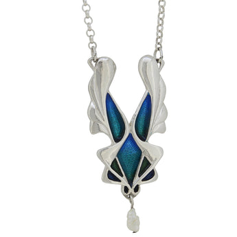 A modern, silver, freshwater pearl & enamel set necklace.