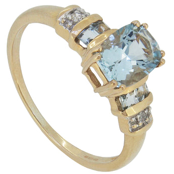 A modern, 9ct yellow gold, aquamarine & diamond set ring.