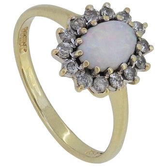 A modern, 9ct yellow gold, opal & diamond set cluster ring.