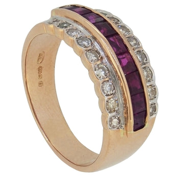 A modern, 14ct yellow gold, ruby & diamond set, three row half eternity ring.