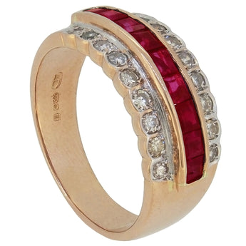A modern, 14ct yellow gold, ruby & diamond set, three row half eternity ring.