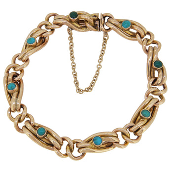 An Edwardian, 9ct yellow gold, turquoise set, curb link bracelet.