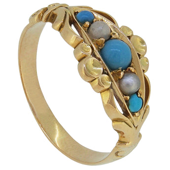 An Edwardian, 9ct yellow gold, turquoise & pearl set five stone ring.