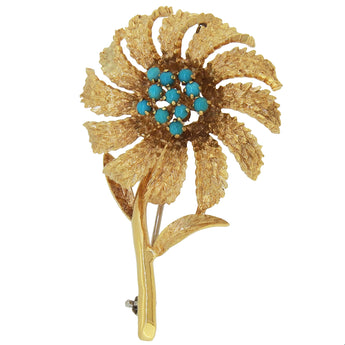 A mid-20th century, 18ct yellow gold, turquoise set, eleven stone floral brooch.