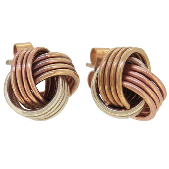 A pair of modern, 9ct yellow, white & rose gold, woolmark knot stud earrings.
