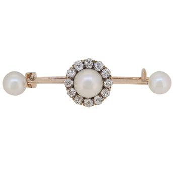 A Victorian, 9ct yellow gold, pearl & diamond set bar brooch.