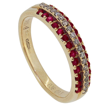 A modern, 14ct yellow gold, ruby & diamond set, three row ring.