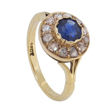 A modern, 18ct yellow gold, sapphire & rose cut diamond set cluster ring.