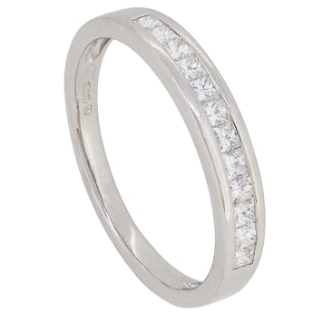 A modern, platinum, princess cut diamond set, twelve stone half eternity ring.