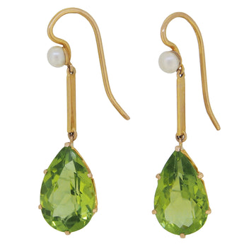 A pair of mid-20th century, 15ct yellow gold, peridot & pearl set drop earrings.